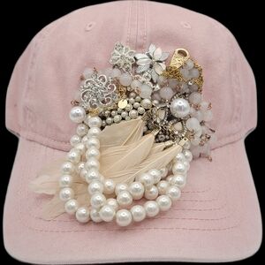 Embellished Pink Cap with Pearls and Feathers